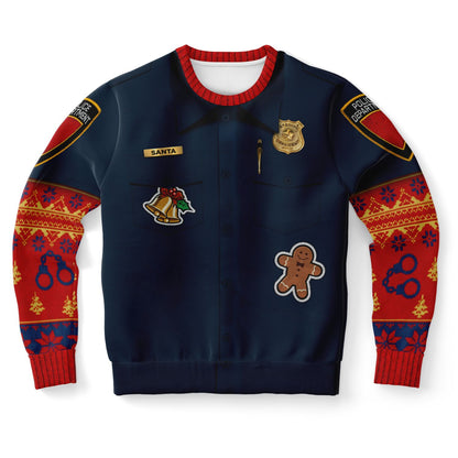 Navy blue sweater with festive designs and patches on a white background