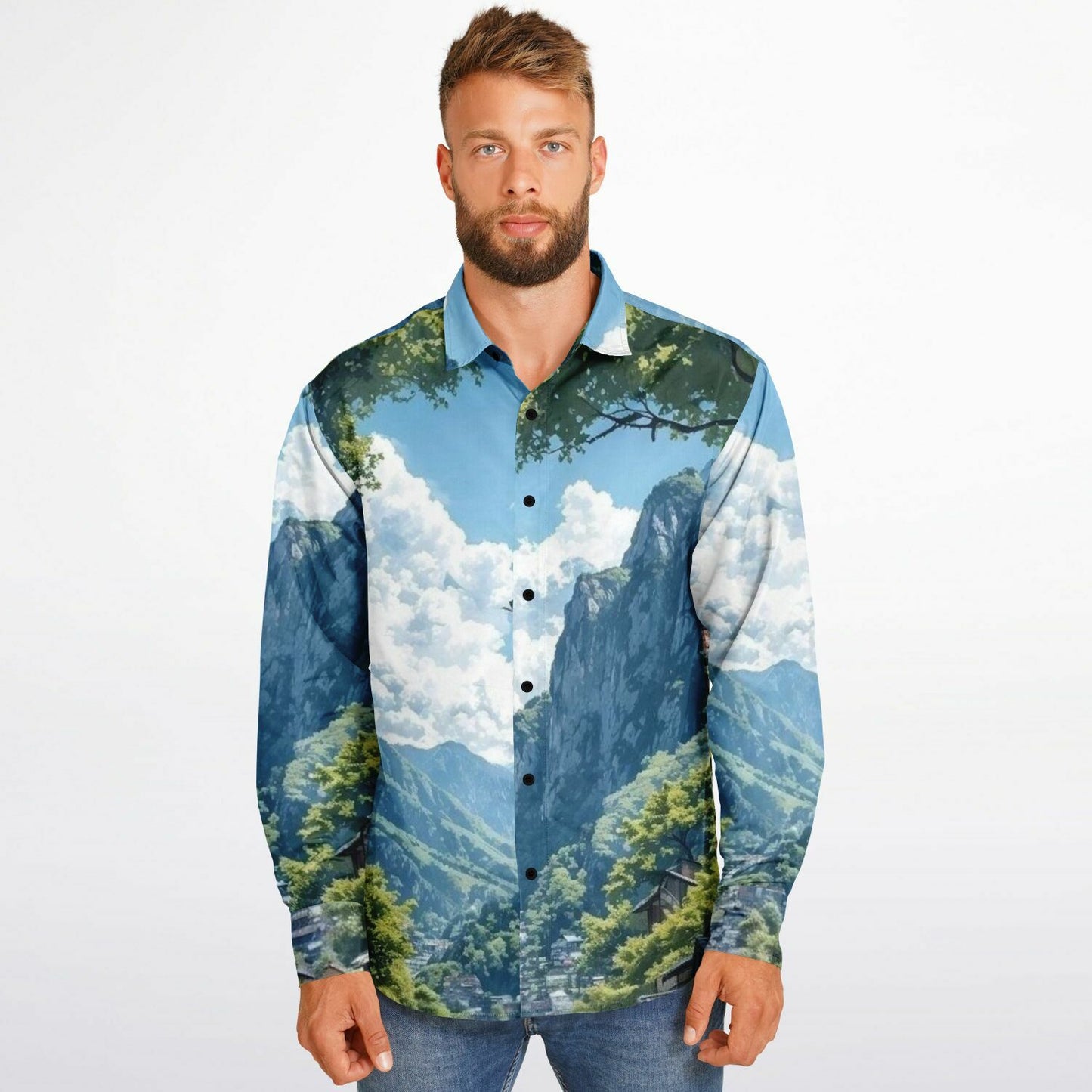 GTR in Japanese Mountain Long Sleeve Button Down Shirt - AOP