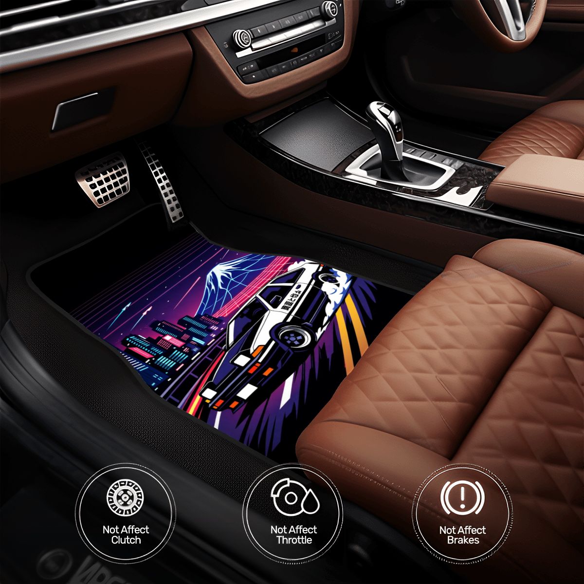 Car interior with a colorful floor mat featuring a car design.