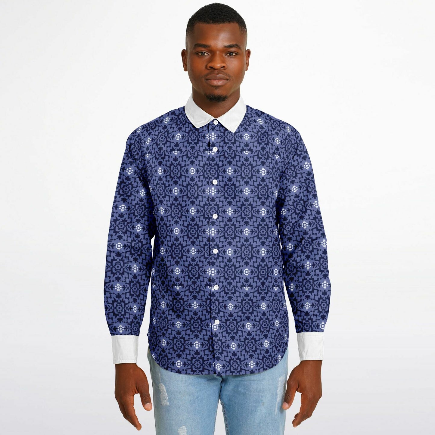 Purple Floral Seamless Pattern Long Sleeve Button Down Shirt - AOP