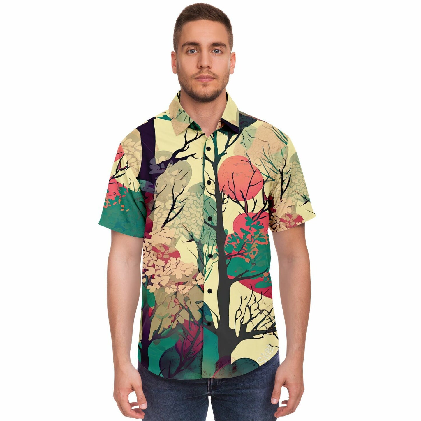 Forest Trees in Autumn Short Sleeve Button Down Shirt - AOP