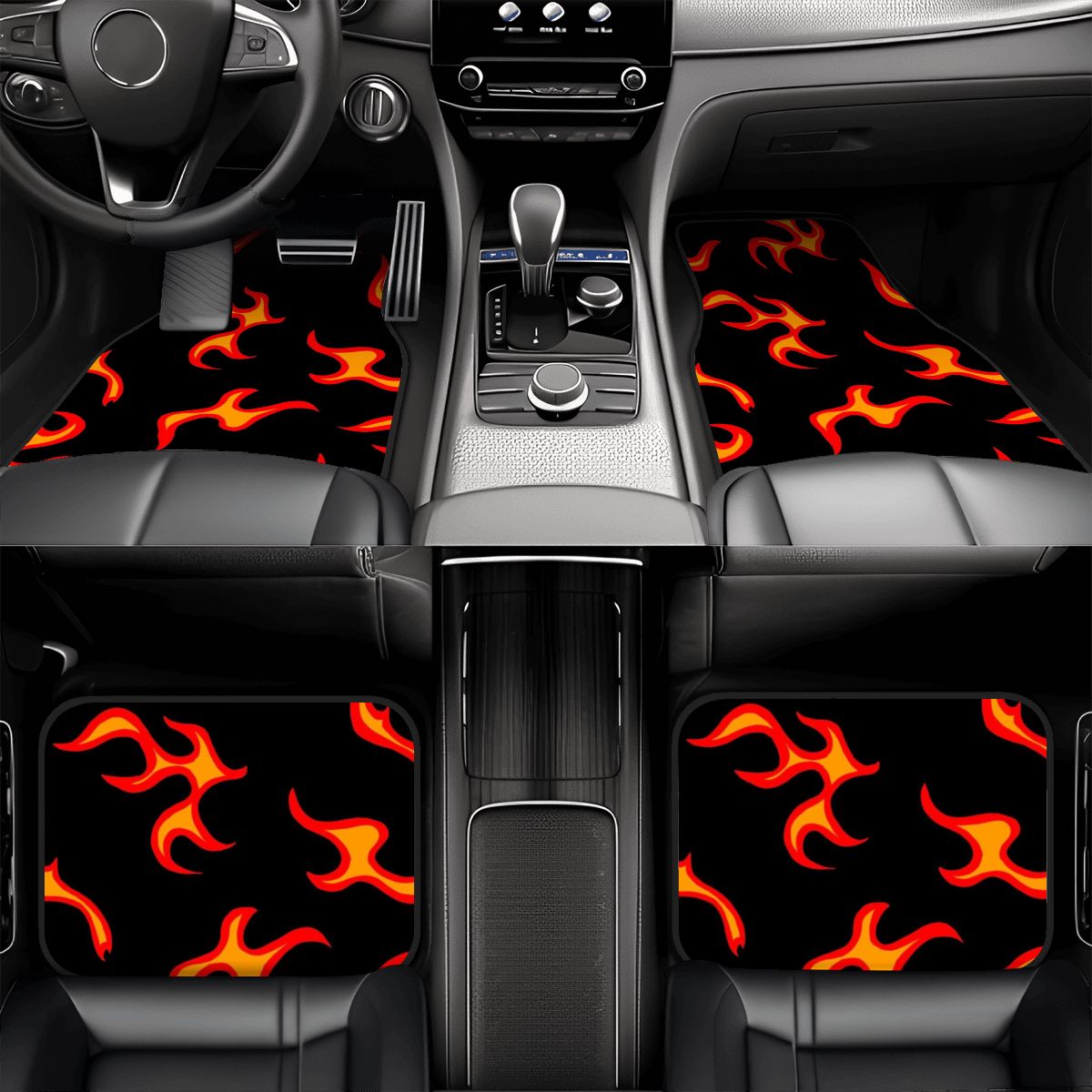 Car interior with flame-patterned floor mats and seat covers.