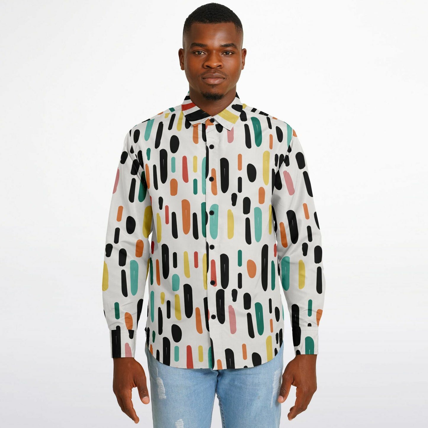 Colored Brush Strokes Long Sleeve Button Down Shirt - AOP