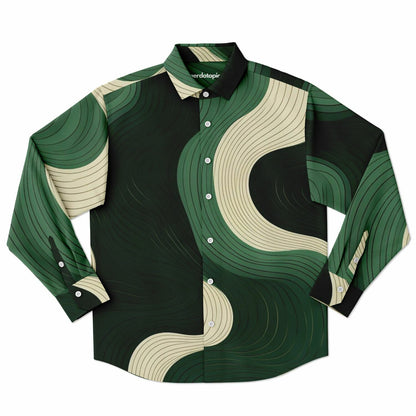 Royal Green Waves Pattern Long Sleeve Button Down Shirt - AOP
