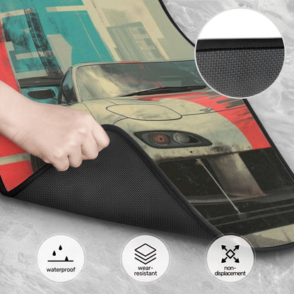 Car sunshade being held over a car with features highlighted on a gray background