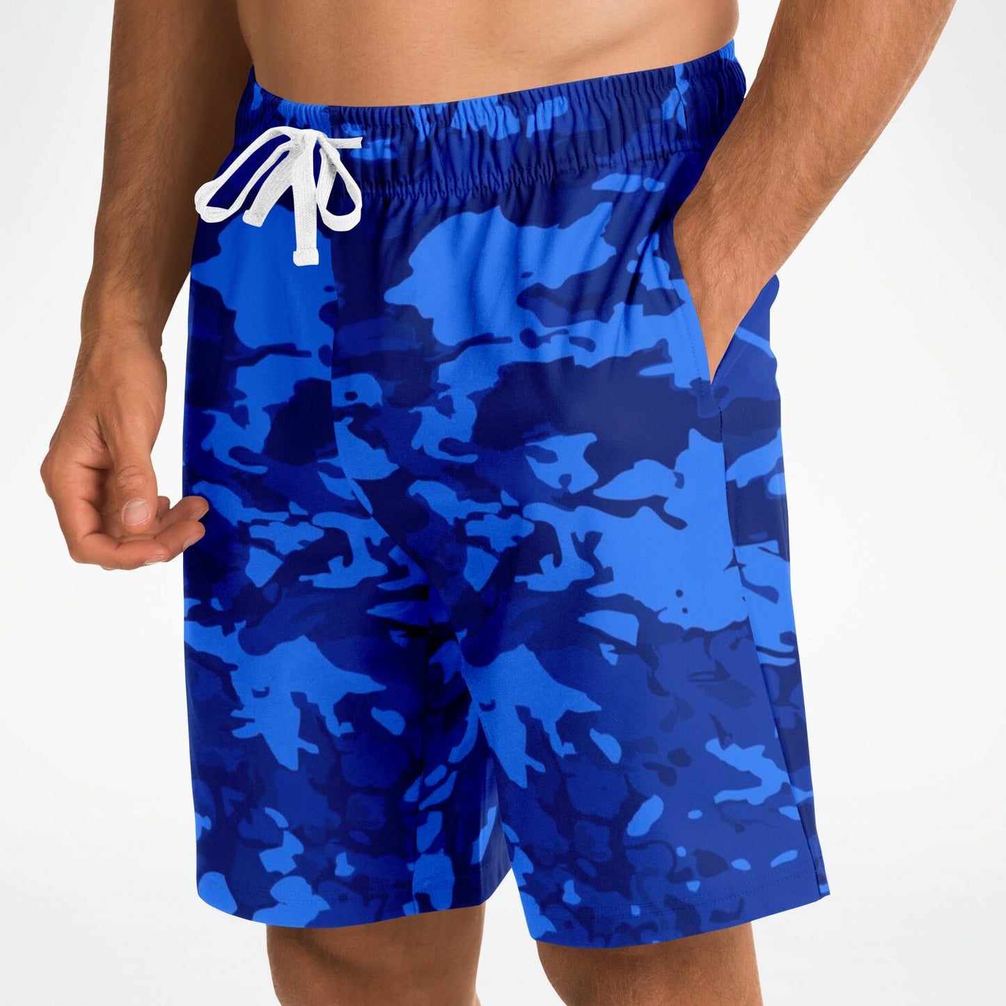 Blue camo print long shorts mockup on male model front.