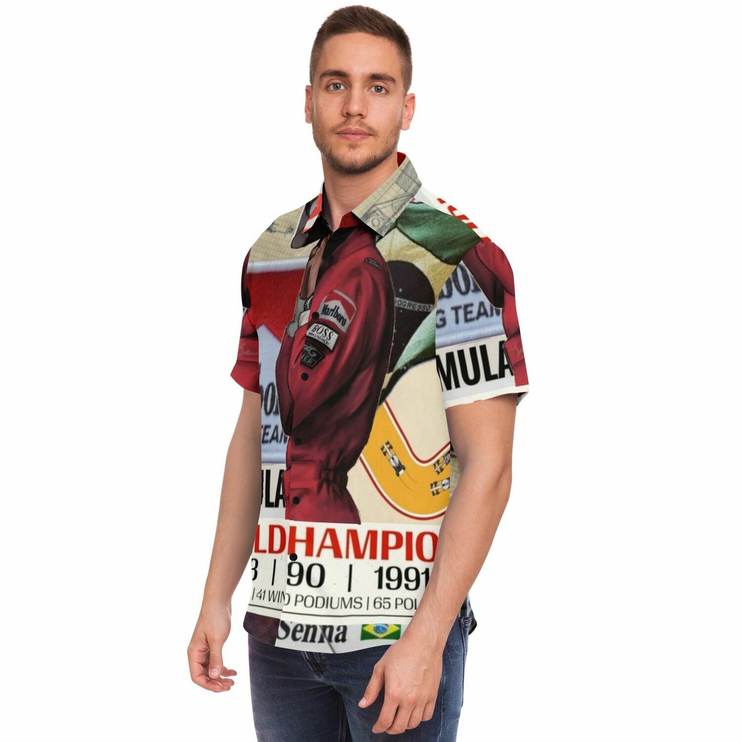 Senna F1 Poster Short Sleeve Button Down Shirt - AOP