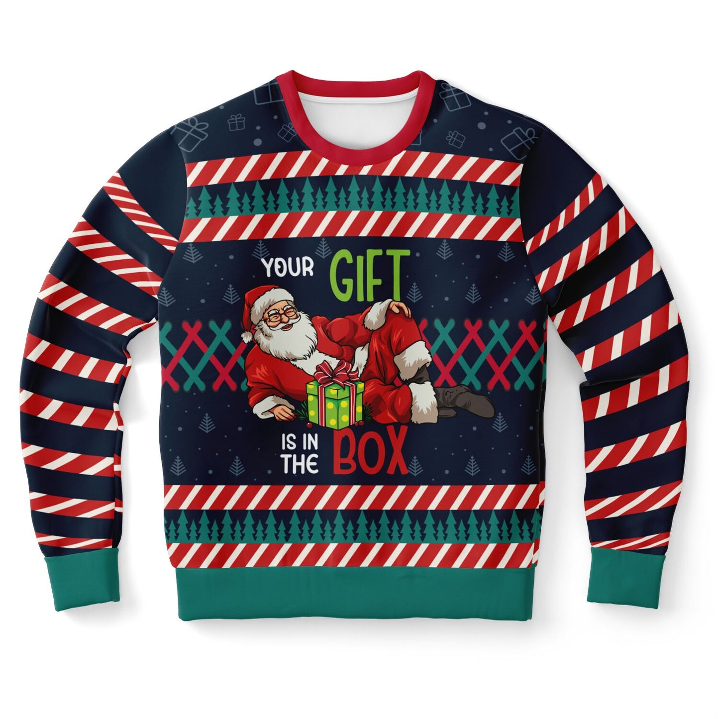 Christmas-themed sweater with Santa Claus design and text on a white background