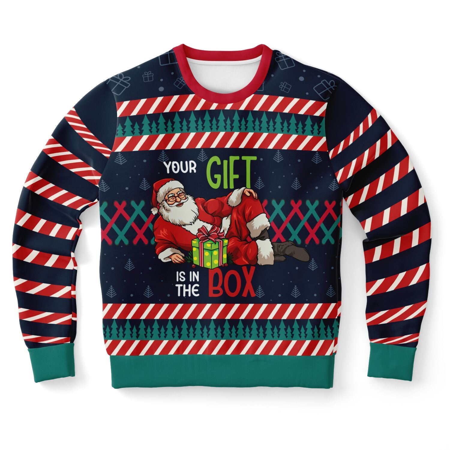 Christmas-themed sweater with Santa Claus design and text on a white background
