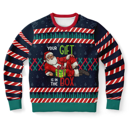 Christmas-themed sweater with Santa Claus design and text on a white background