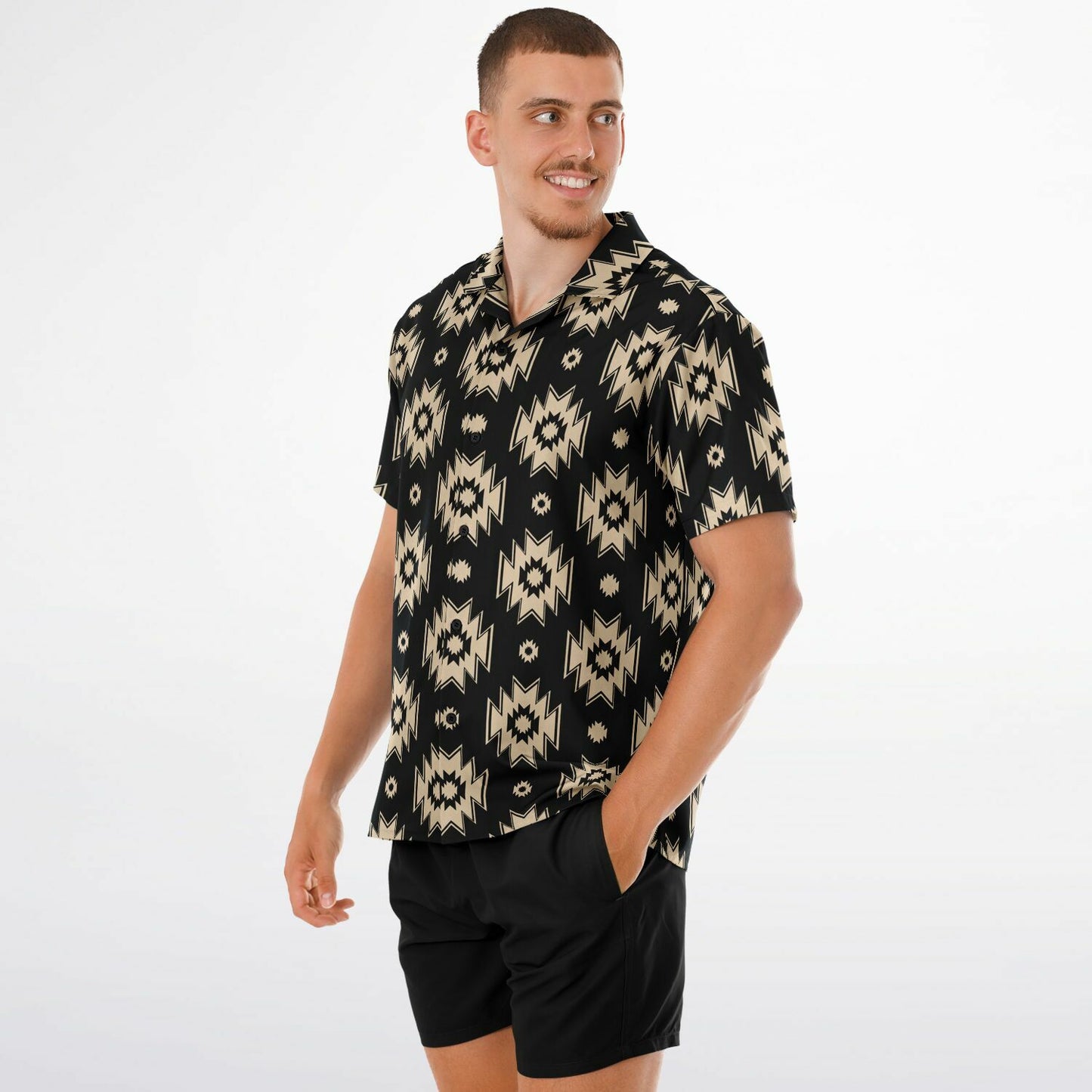 Tribal Pattern Spread Collar Short Sleeve Shirt
