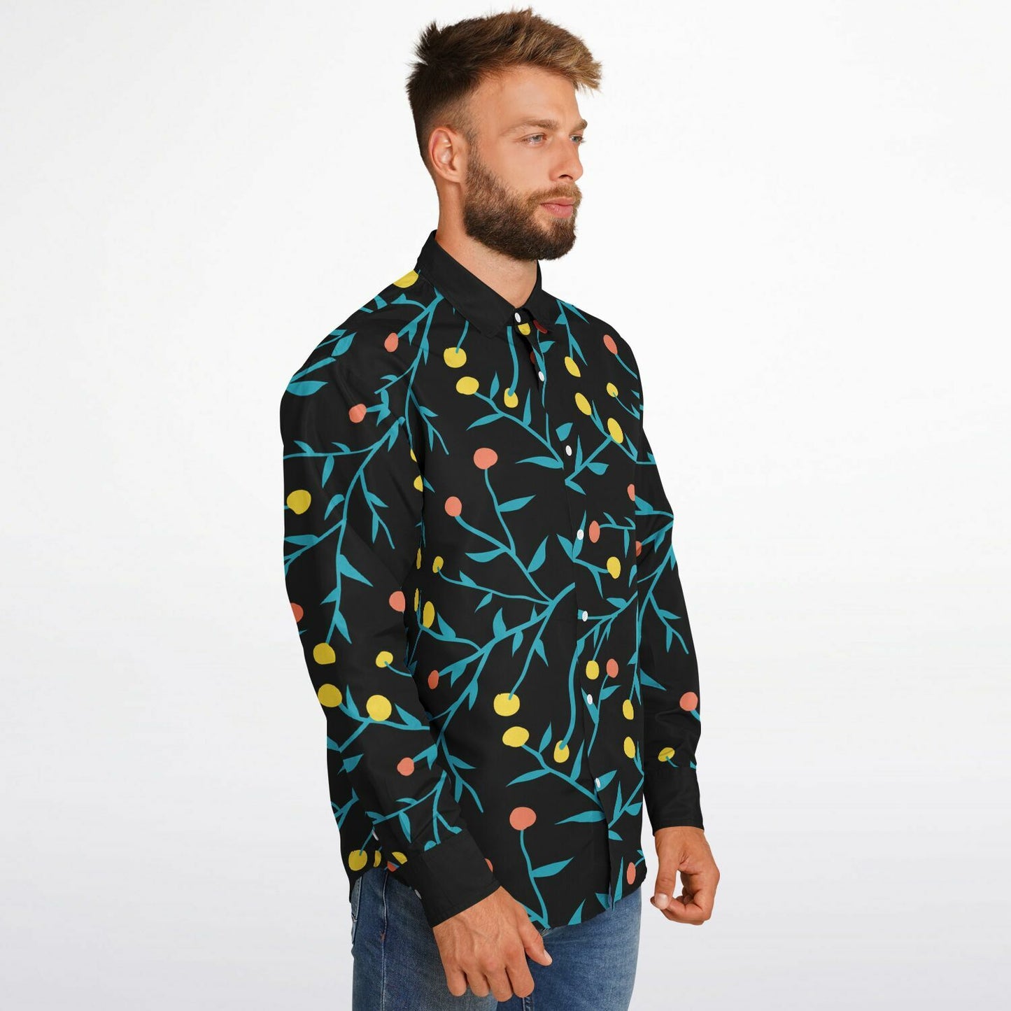 Tropical Pattern Long Sleeve Button Down Shirt - AOP