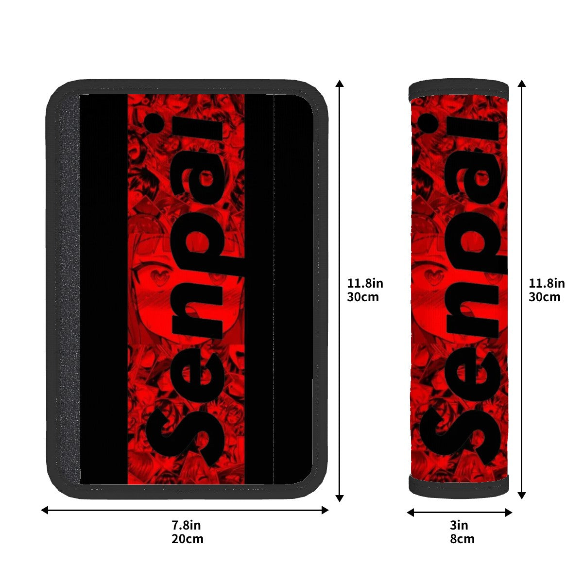 Senpai japanese inspired seat belt cover pad product specifications image.