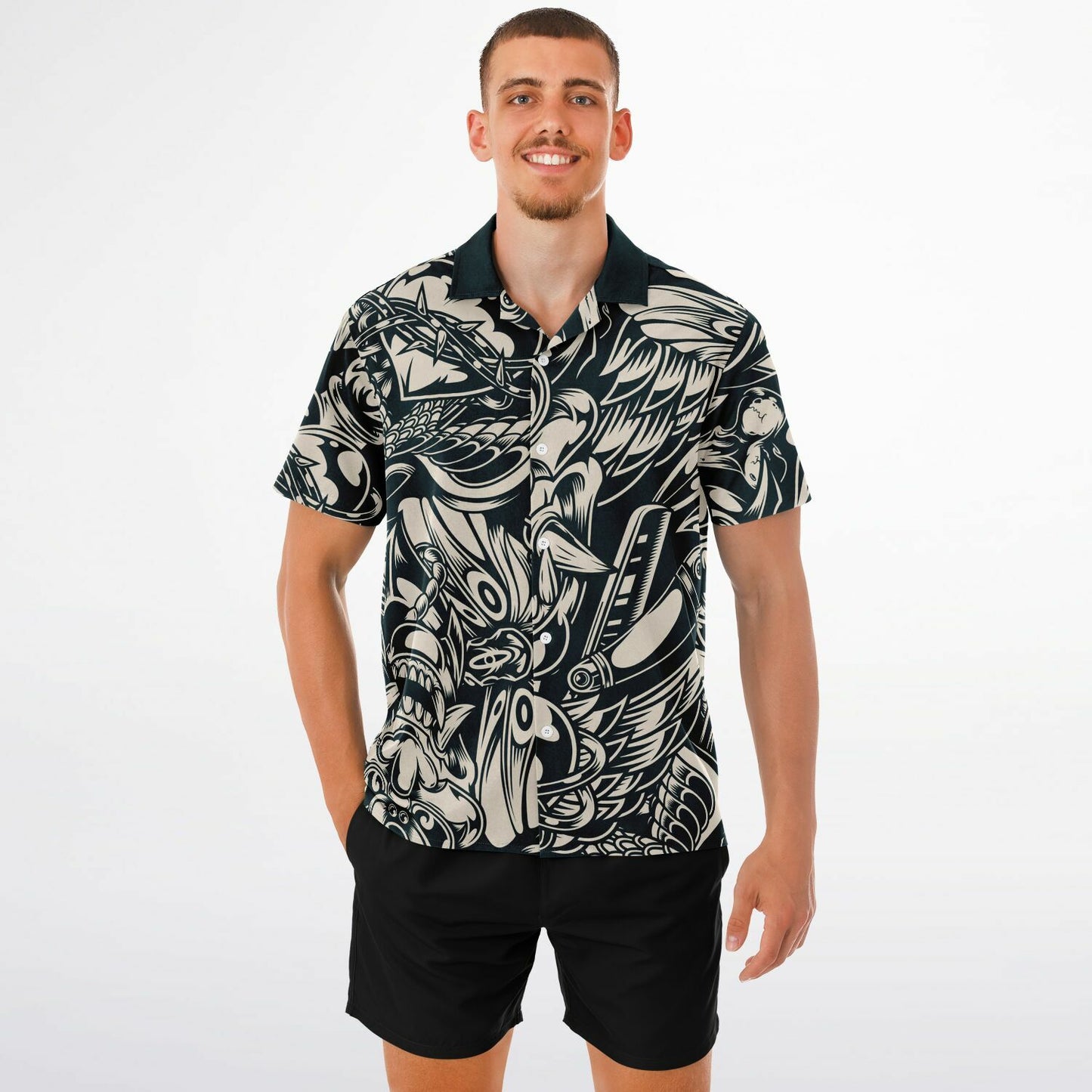 Abstract B&W Spread Collar Short Sleeve Shirt