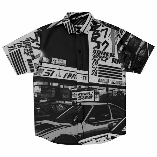 Black and White JDM Art Short Sleeve Button Down Shirt - AOP