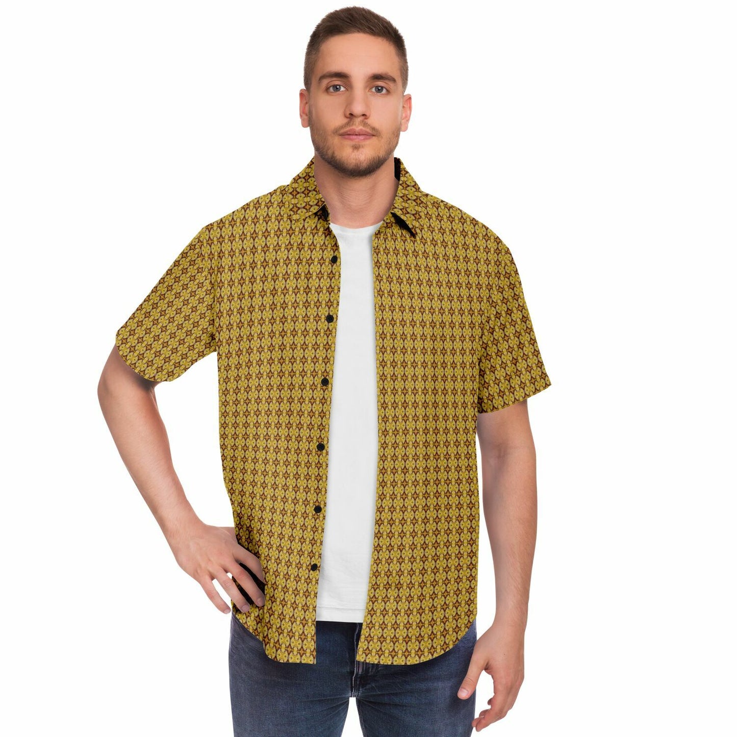 Unique Golden Pattern Short Sleeve Button Down Shirt - AOP