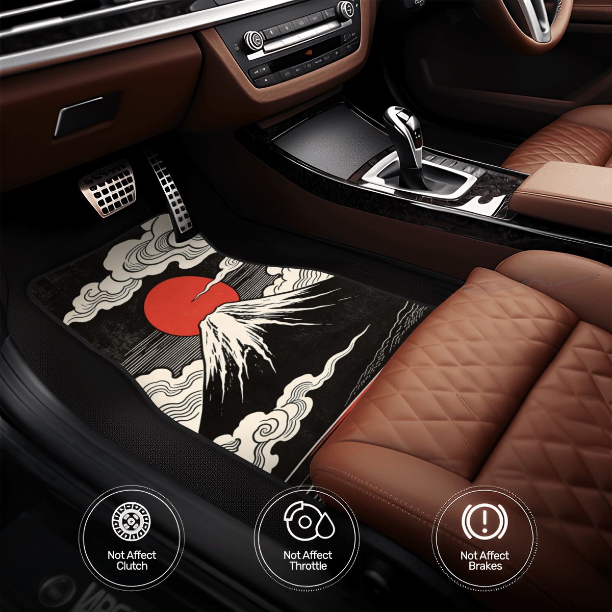 Car interior with a decorative floor mat featuring a mountain and sun design.
