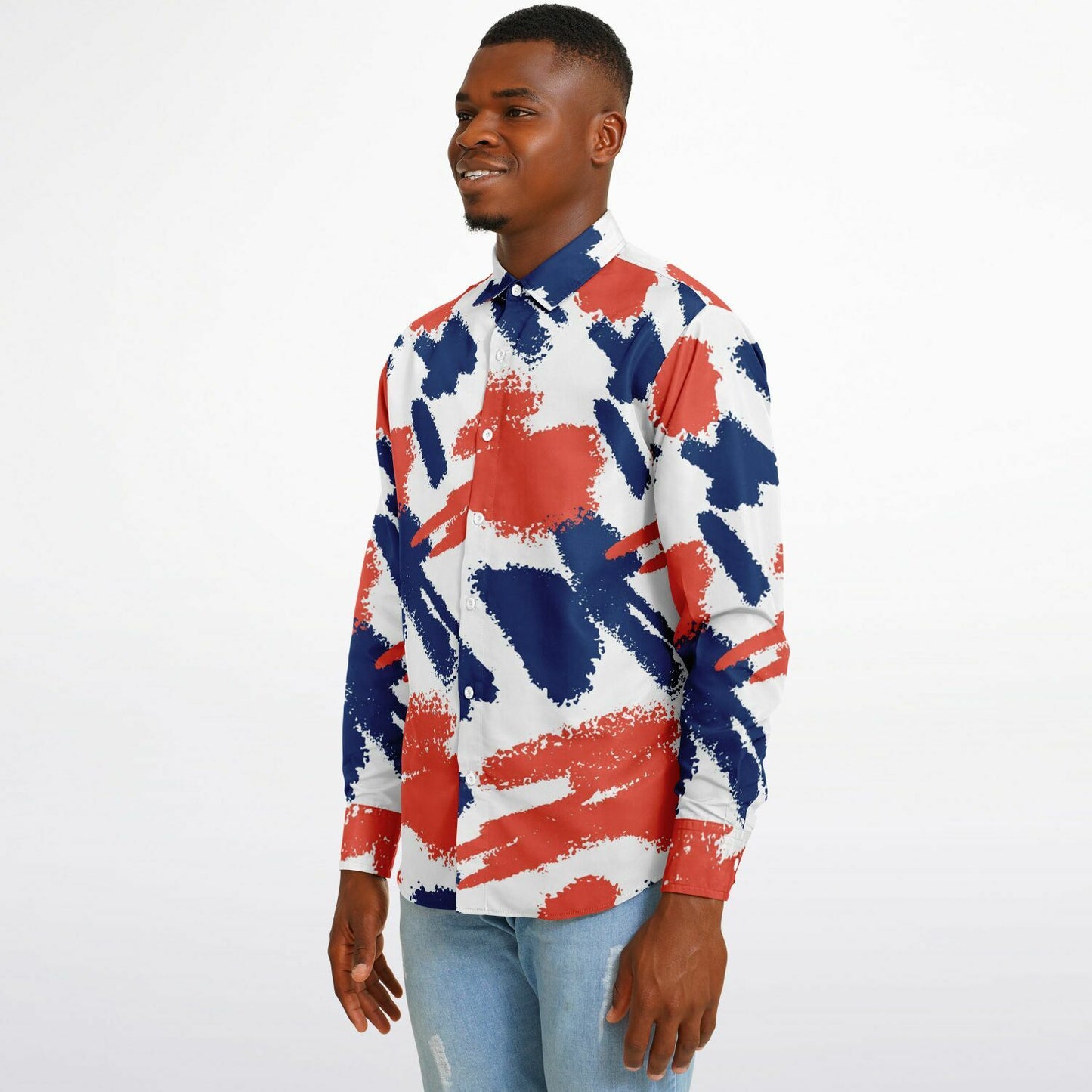 Red and Blue Brushstroke Long Sleeve Button Down Shirt - AOP
