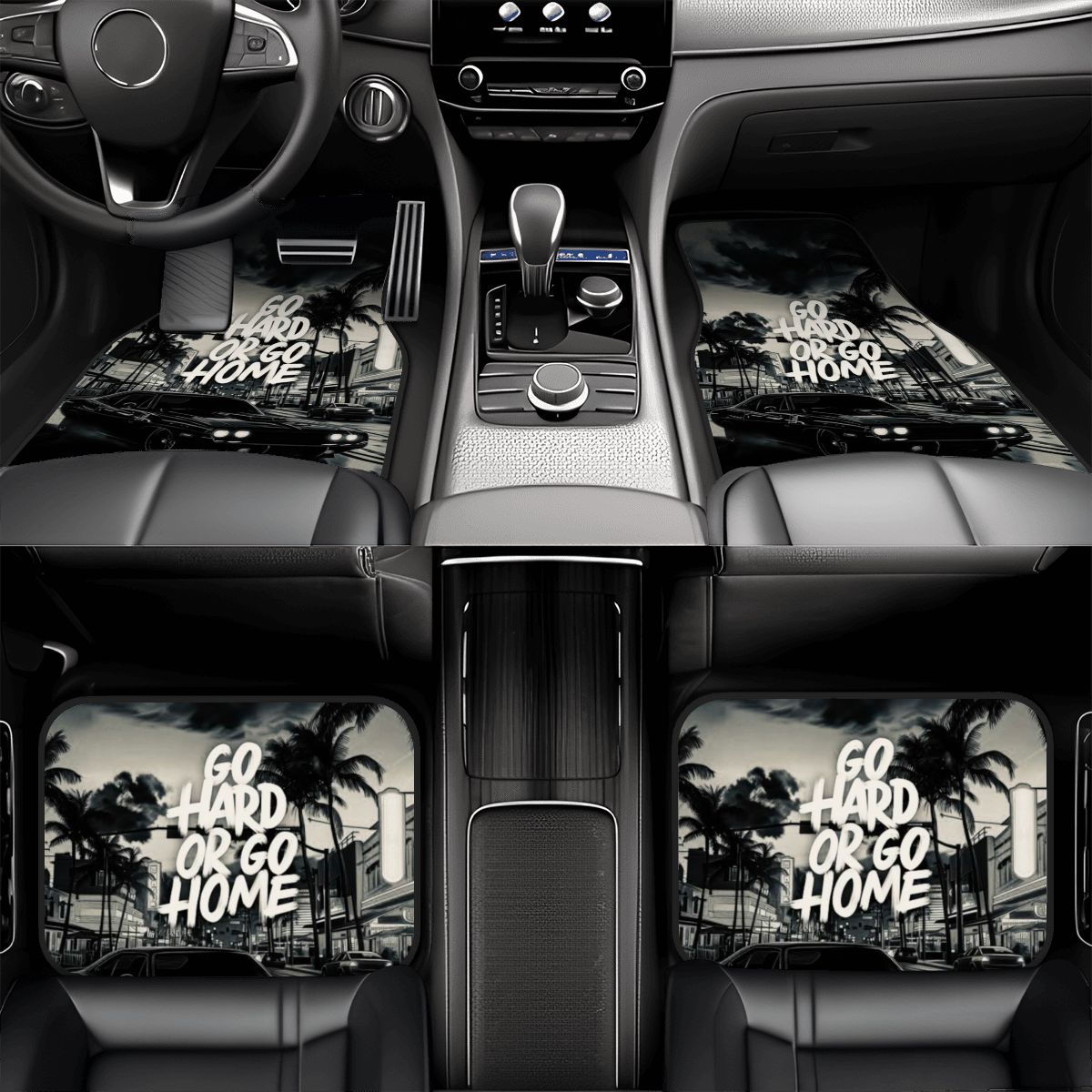 Car interior with 'Go Hard or Go Home' design on dashboard, center console, and headrests.