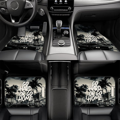Car interior with 'Go Hard or Go Home' design on dashboard, center console, and headrests.