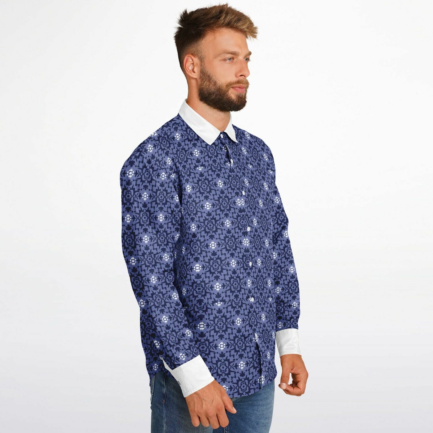 Purple Floral Seamless Pattern Long Sleeve Button Down Shirt - AOP