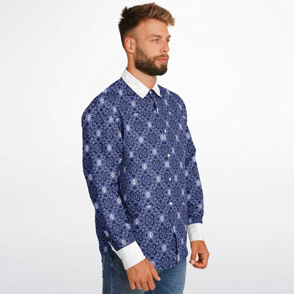 Purple Floral Seamless Pattern Long Sleeve Button Down Shirt - AOP