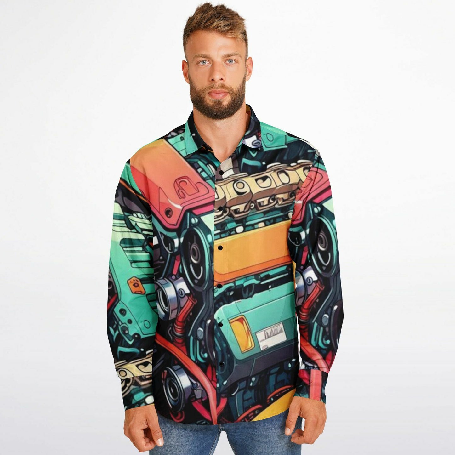 Engine illustration Long Sleeve Button Down Shirt - AOP