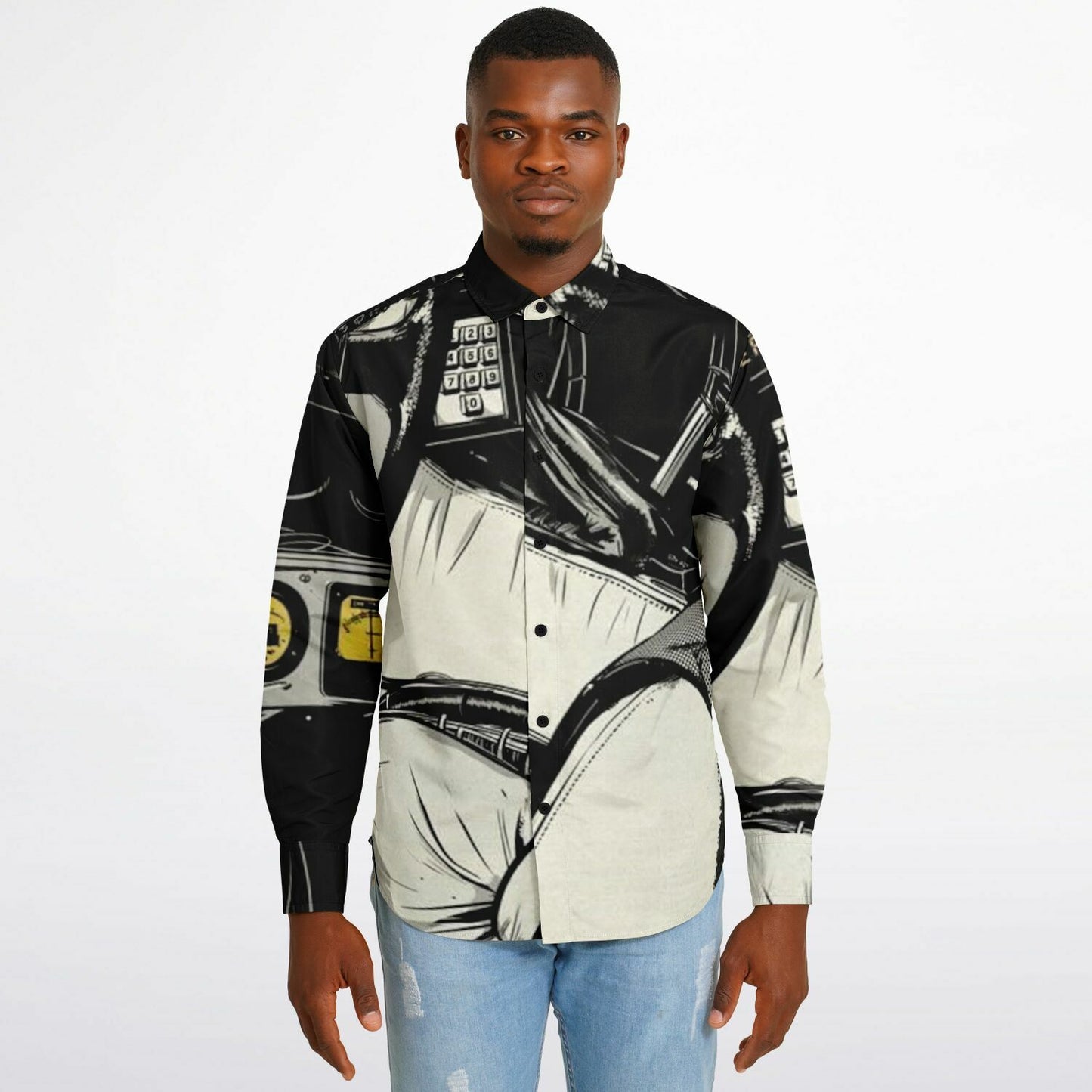 Delorean Time Machine Illustration Long Sleeve Button Down Shirt - AOP