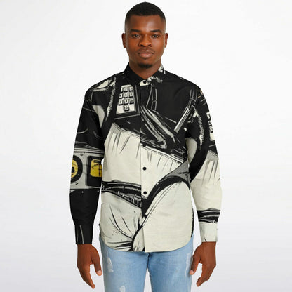 Delorean Time Machine Illustration Long Sleeve Button Down Shirt - AOP