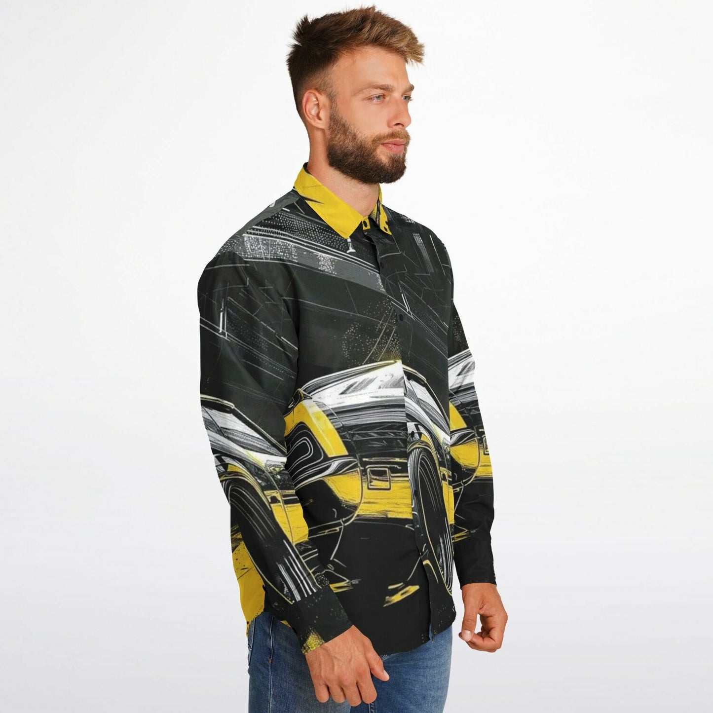 American Muscle Illustration Long Sleeve Button Down Shirt - AOP