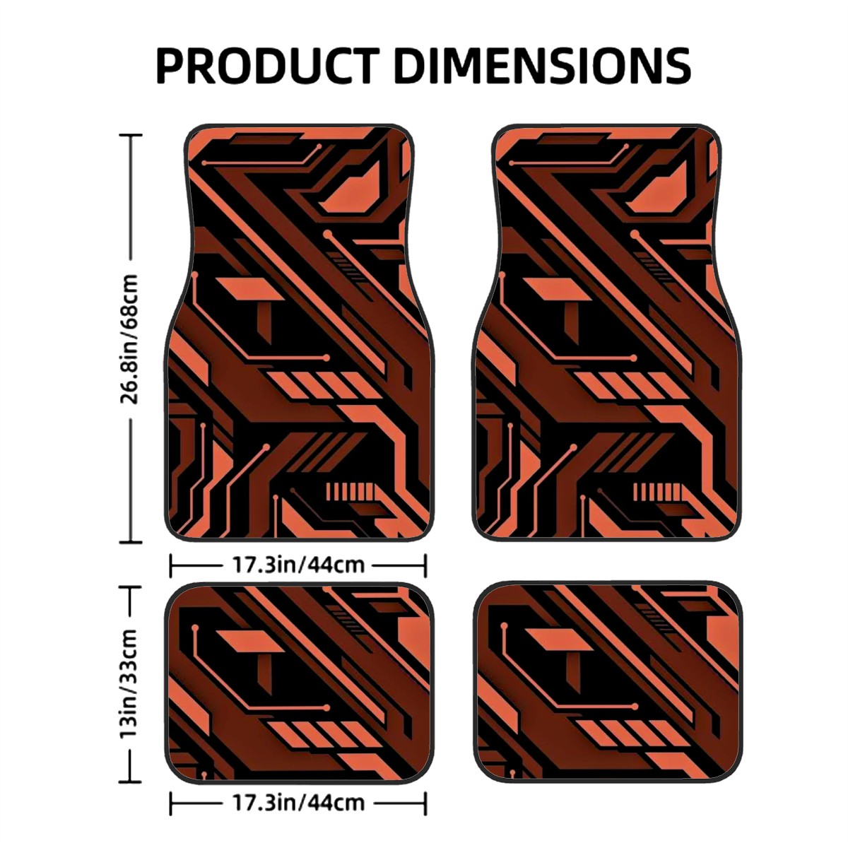 Cyberpunk pattern car floor mats sizing guide.