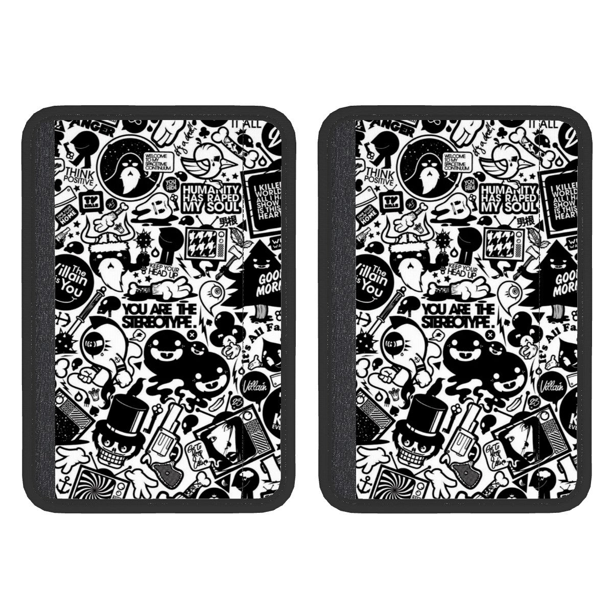Two rectangular neoprene seat belt cover pads with a black and white doodle art pattern.