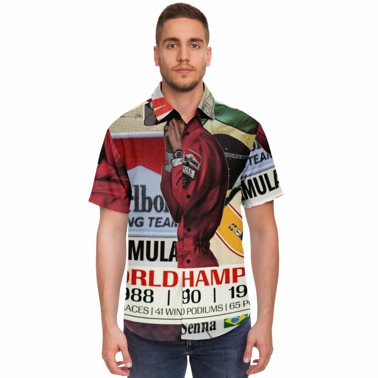 Senna F1 Poster Short Sleeve Button Down Shirt - AOP