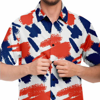 Red Blue Brushstroke Short Sleeve Button Down Shirt - AOP