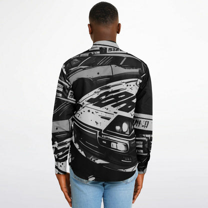 Black and White JDM Art Long Sleeve Button Down Shirt - AOP