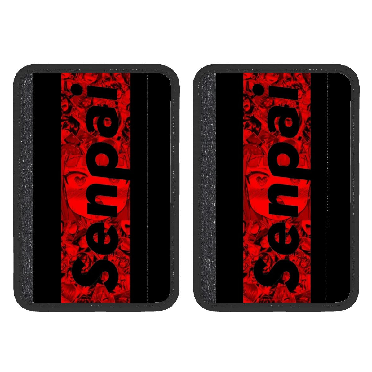 Two black neoprene seat belt cover pads with red text pattern, designed for adult use in vehicles.