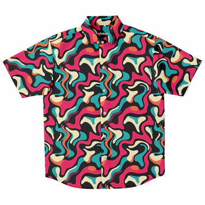 Red Blue Pattern Short Sleeve Button Down Shirt - AOP