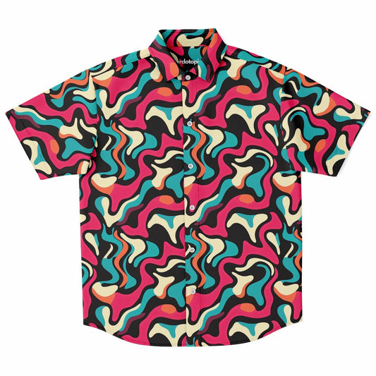 Red Blue Pattern Short Sleeve Button Down Shirt - AOP