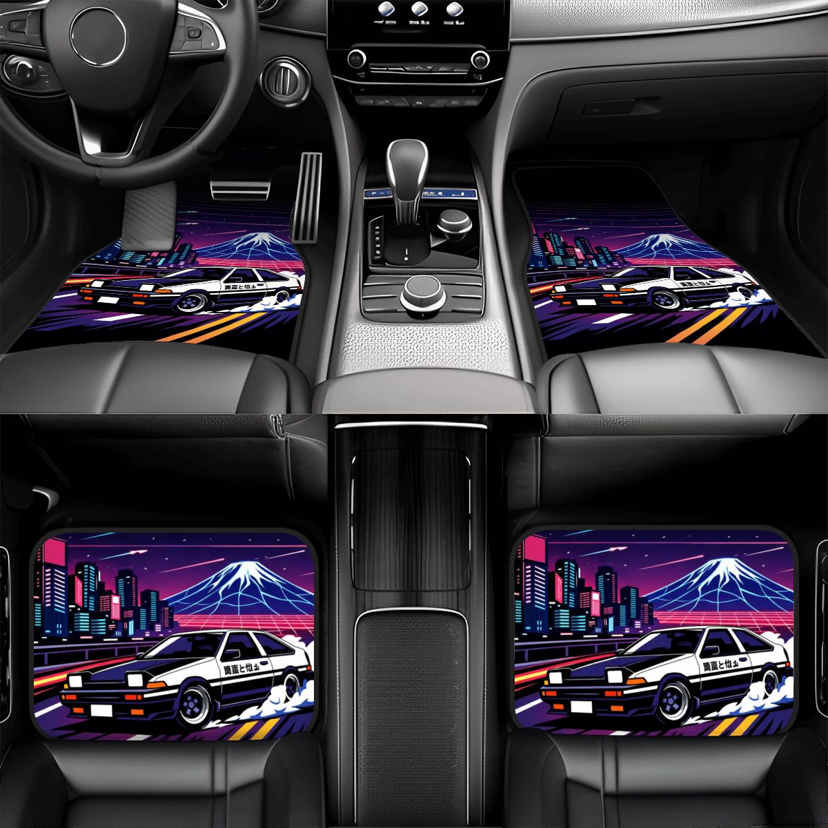 Car interior with colorful seat covers featuring a police car and mountain design.
