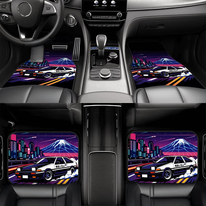 Car interior with colorful seat covers featuring a police car and mountain design.