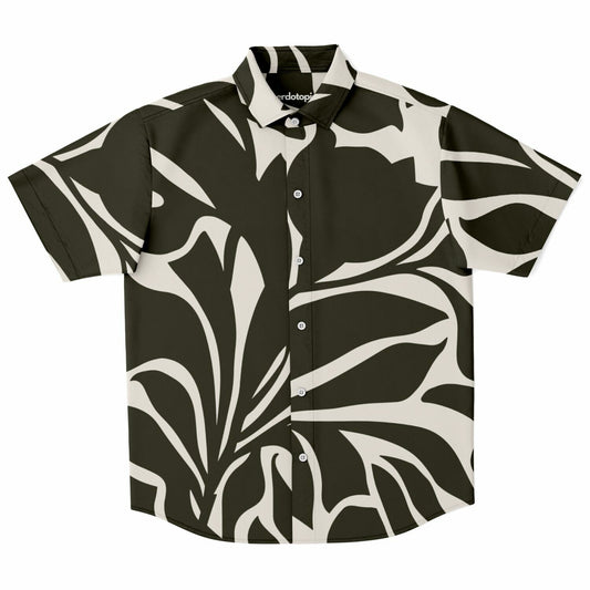 Black and White Leaves Pattern Short Sleeve Button Down Shirt - AOP