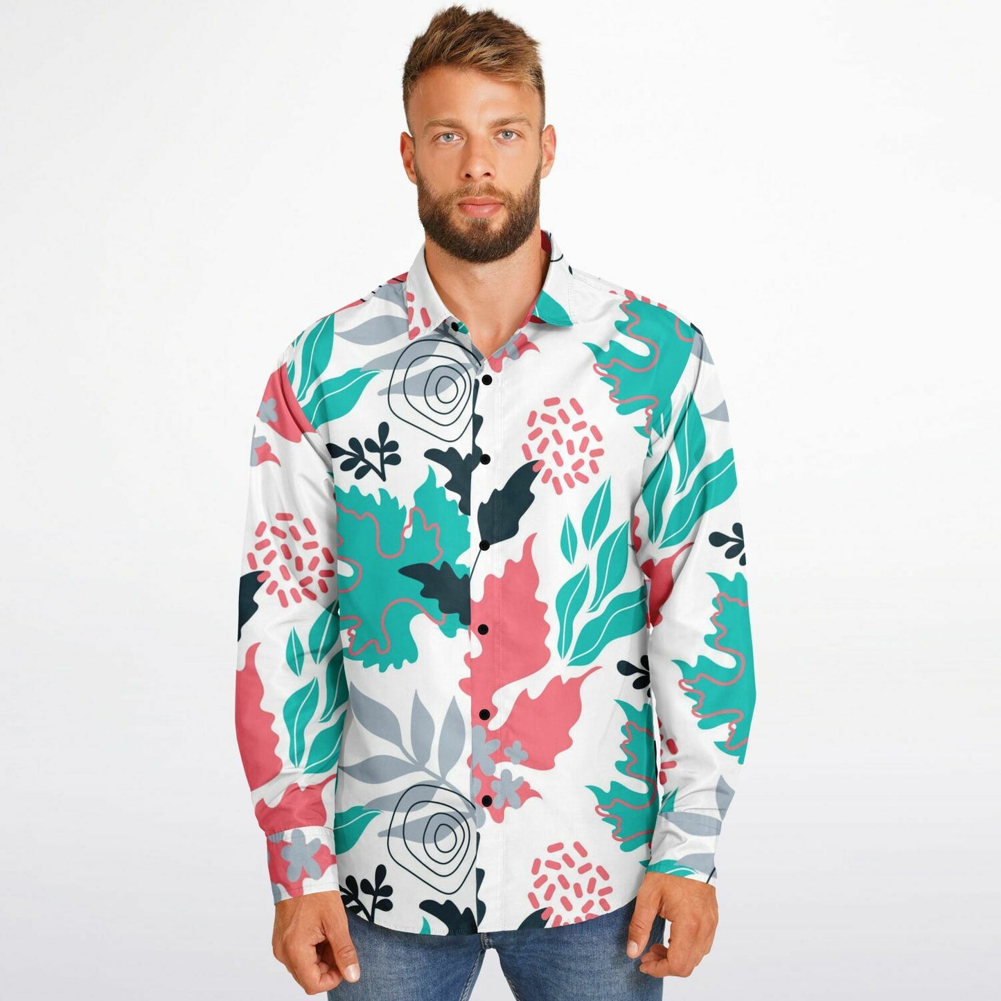 Floral Artwork Long Sleeve Button Down Shirt - AOP