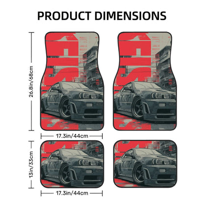 Car floor mats with graphic design and dimensions on a white background