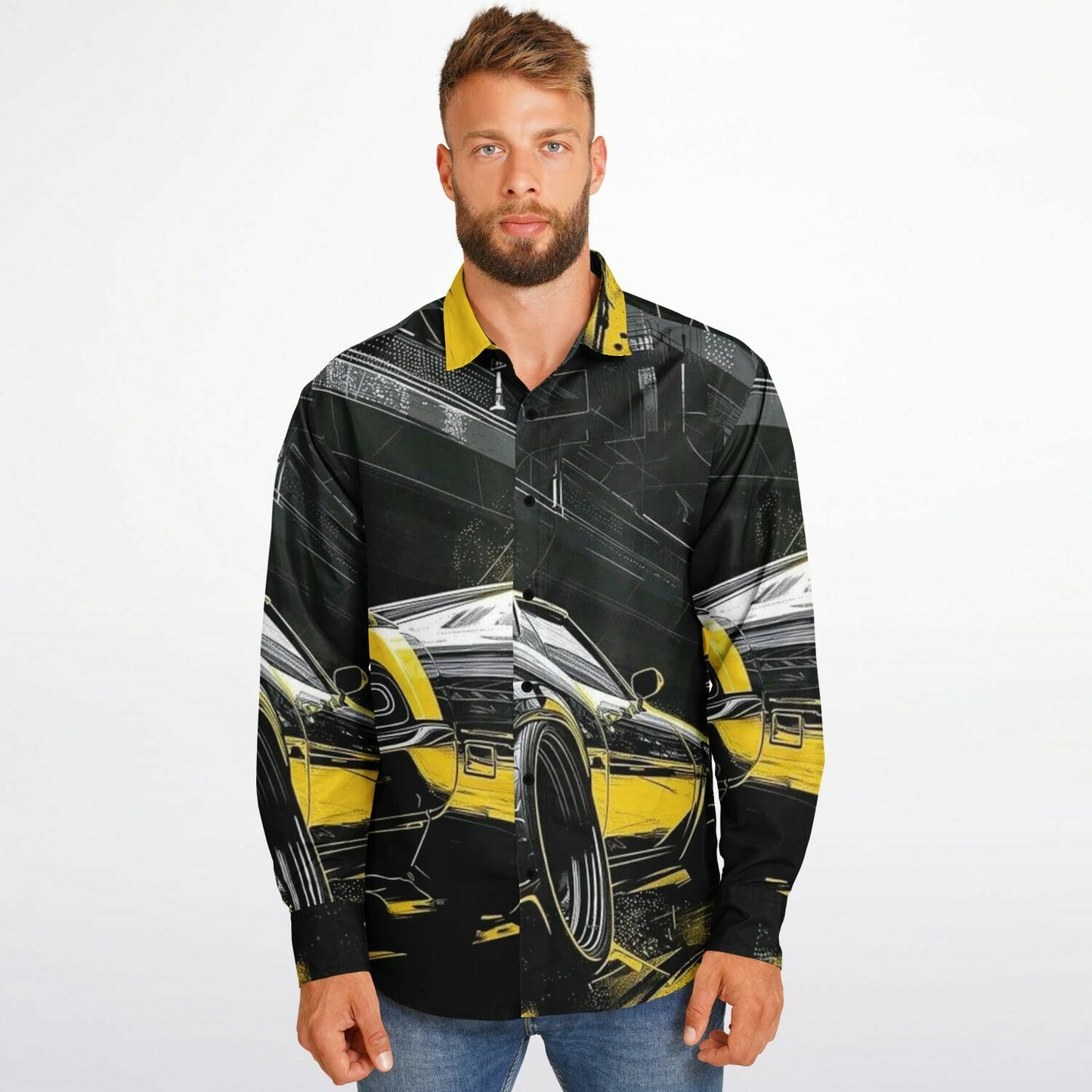 American Muscle Illustration Long Sleeve Button Down Shirt - AOP