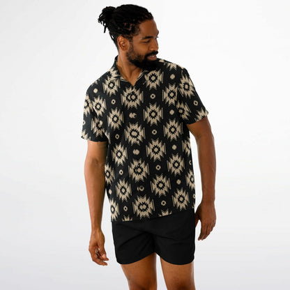 Tribal Pattern Spread Collar Short Sleeve Shirt
