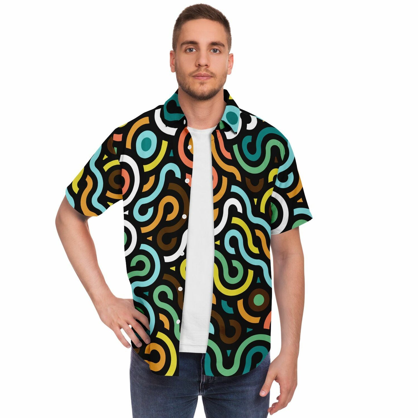 Colored Doodle Art Short Sleeve Button Down Shirt - AOP