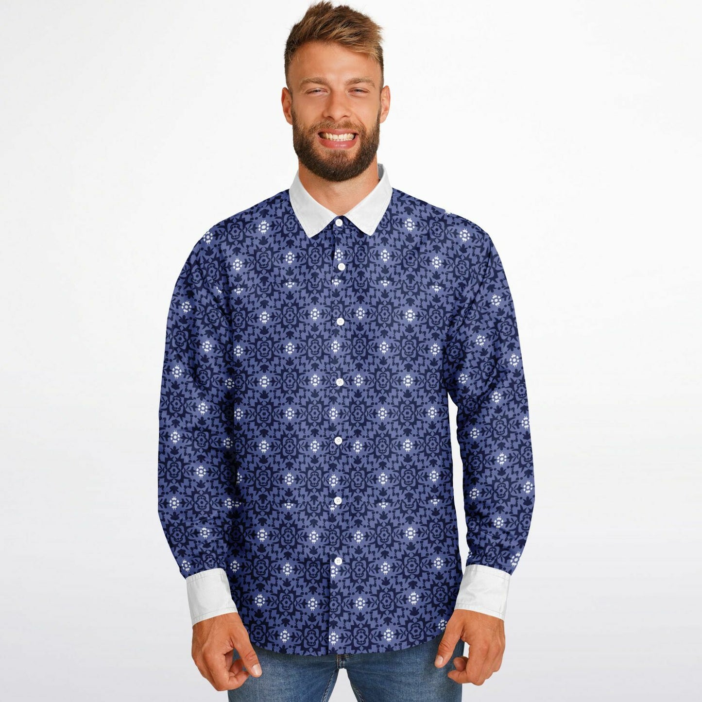 Purple Floral Seamless Pattern Long Sleeve Button Down Shirt - AOP