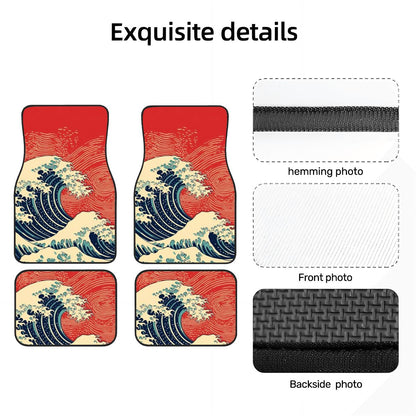 Car floor mats with wave design and hemming, front, and backside photos displayed.