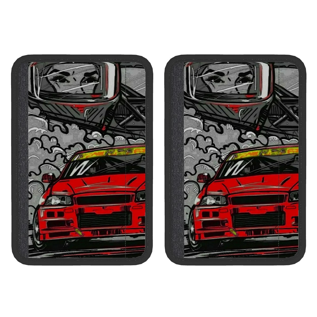 Two black neoprene seat belt cover pads with a red car graphic design on them.