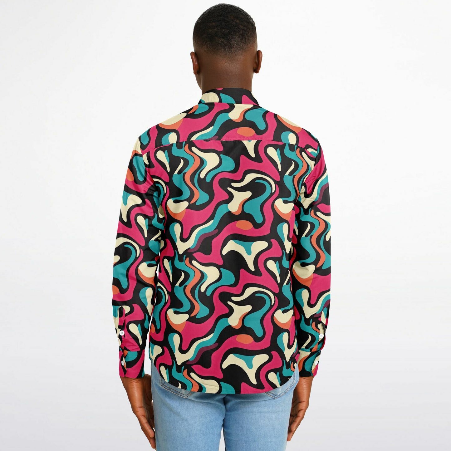 Red Blue Pattern Long Sleeve Button Down Shirt - AOP